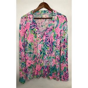 Lilly Pulitzer Top Womens L Kaduwela Tropical Print Long Sleeve Button-Up Beachy
